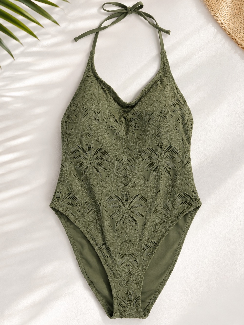 Palm Crochet Scoop Neck Cheeky Coverage One Piece Swimsuit - Shade & Shore Green